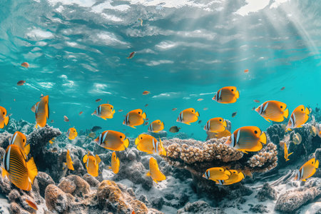 Underwater wildlife colorful marine panorama landscape with tropical fish life in shallow coral reefs AI Generativeの素材