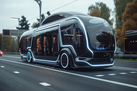 An autonomous smart vehicle option for future is hybrid futuristic electric shuttle bus AI Generativeの素材
