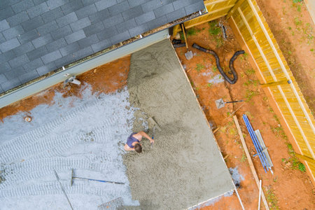 Concrete has been poured for driveway at new house with wet cement