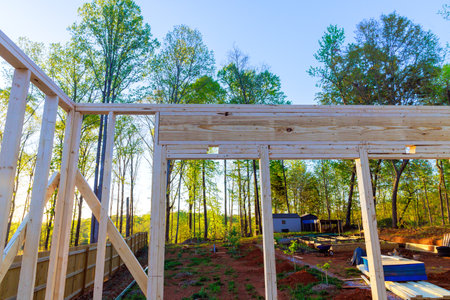 Wooden framing supports beams studs of timber framing with an unfinished interior