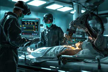 Use of high precision programmable automated humanoid robot arms by surgeons in high technology hospitals AI Generativeの素材