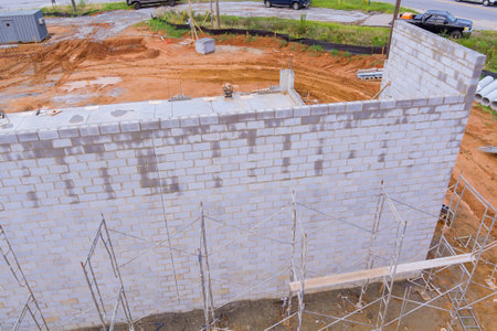 Construction worker standing on scaffold makes working concrete wall from concrete blocks