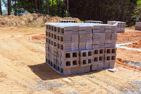 Cement block walls are mounted using building blocks delivered to construction site