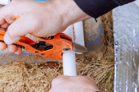 Plumbers use special scissors to cut plastic PVC pipes when installing water linesの写真素材