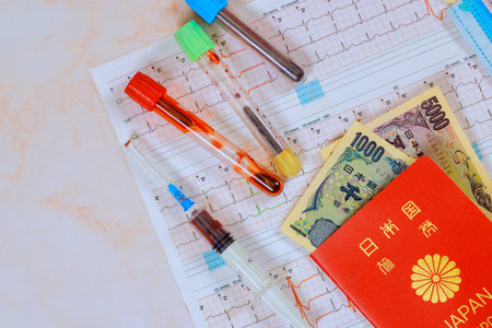 Medicine healthcare in Japan are costly, requiring electrocardiograms, Japanese yen Japanese passportの写真素材