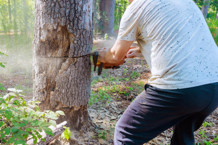 Using chainsaw, forester saws wood from old damaged large trees in order to do sanitary pruning