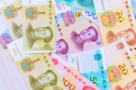 China National Bank issues Chinese yuan bills in various denominationsの写真素材
