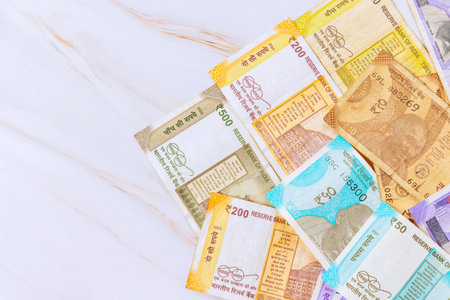 Indian rupees various denomination currency banknotes cash with business investment economic India