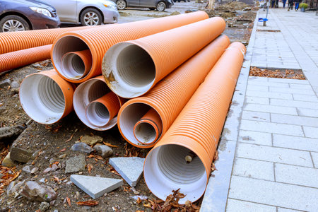 Sewer pipes made of HDPE polyethylene that are ready to be installedの写真素材