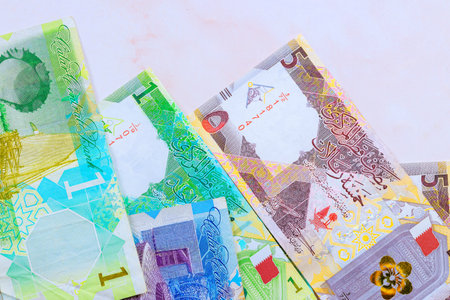 Bank of Qatar issued Qatari banknotes cash in various denominations in form of Qatari Riyalsの写真素材