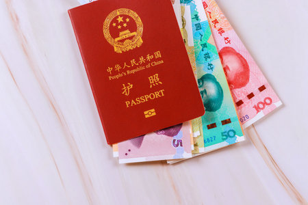 Passport of People Republic of China contains variety denominations Chinese yuan money