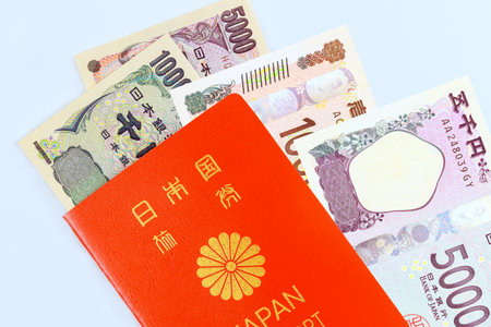 It is issued by Bank of Japan with Japanese passport Japanese yen money banknoteの写真素材