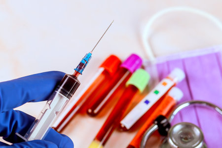 Medical tubes containing blood samples for analysis in laboratoryの写真素材