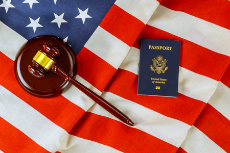 There is symbol of justice law system in United States represented by American flag judge gavel, US...