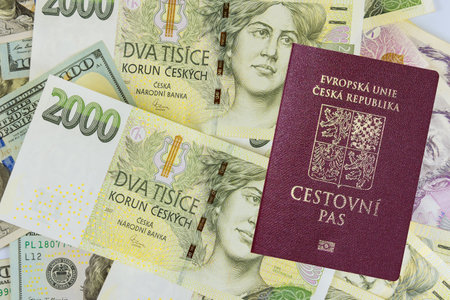 Czech citizens experiencing inflation invest their savings by purchasing dollars in United States using their passportsの写真素材
