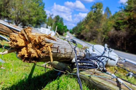 Strong hurricane caused poles to crash down with broken wires during stormの写真素材