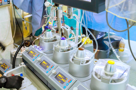 During cardiac surgery, an artificial blood circulation apparatus is working on machine in intensive...