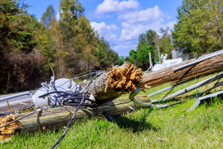 In course of strong tornado, wind has broken electric poles with wires attachedの写真素材