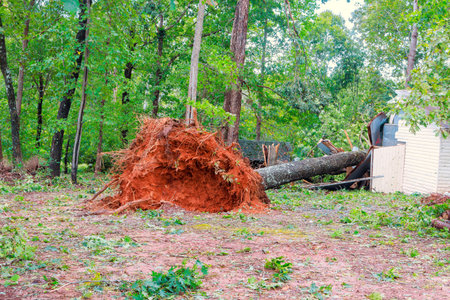 As result of strong winds, trees uprooted by storm hurricane collapsed on shed