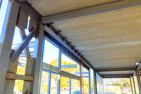 Steel beams frame building office during construction