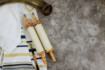 Jews observe religious holidays with use of torah scrolls prayer shawls tallit in synagoguesの写真素材