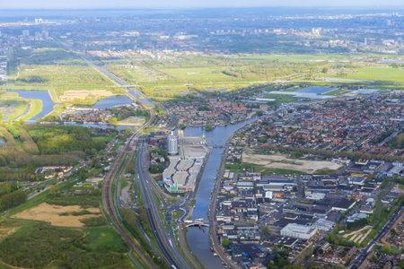 Panorama of over rooftops is neighborhood city in cloudy weather aerial viewの写真素材