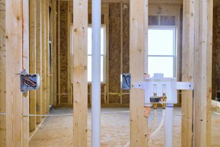 Construction of new home interior featuring exposed wooden frame, plumbing connecting laundry systems, electrical wiring during renovationの写真素材