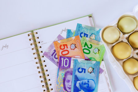 Chicken eggs sit next to stack Canadian dollar cash bills, highlighting rising cost of everyday...