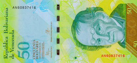 Venezuelan 50 bolivar banknote shows depiction of Simon Bolivar, distinct security features currency...