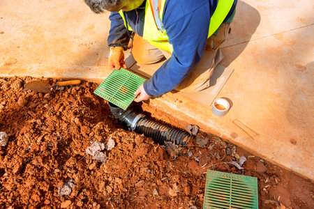 Construction worker wearing safety vest is installing drainage grates over pipes in trench ground around is covered with red soil, debris, indicating ongoing work.の写真素材
