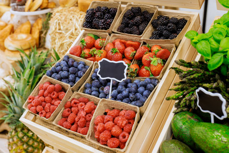 Colorful assortment freshly ripe berries, fruits arranged in selection baskets at local farmers...