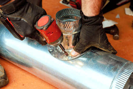 Technical worker in gloves works on attaching metal duct components with using power tool in during...
