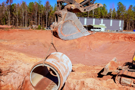 Excavator carefully lowers concrete pipe into freshly dug trench at construction site during...