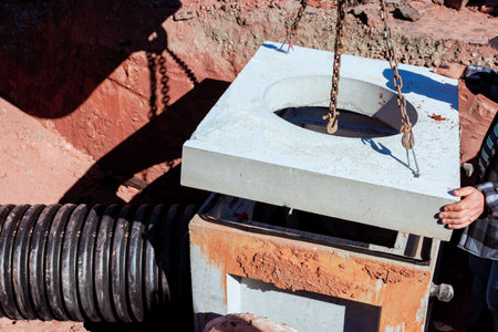 Workers are installing heavy concrete slab over drainage pipe at construction site under build works areaの写真素材