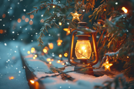 Warm, glowing lantern rests in snow next to sparkling lights, creating cozy winter atmosphere in festive setting.の素材