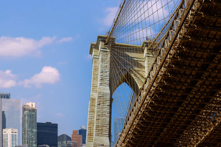 Towering Brooklyn Bridge connects two urban areas, showcasing of New York city skyline.