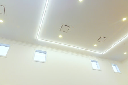 Bright ceiling lights illuminate spacious room, showcasing clean lines, modern design of interior.