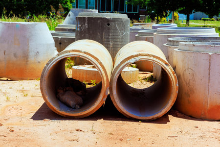 Concrete pipes are scattered in construction area with ready for installation.
