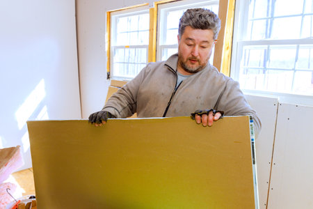 Contractor carefully holds sheet of drywall, preparing to install it in well lit room during home improvementの写真素材