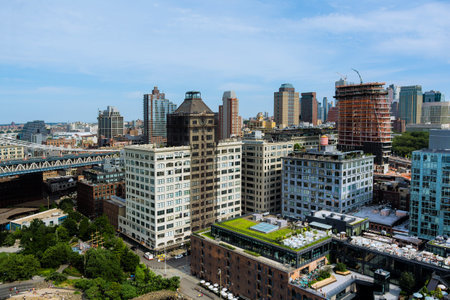 View of vibrant city Brooklyn skyline with mix of modern, historic buildings, greenery at NYC