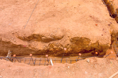 Are setting foundations placing rebar in construction site surrounded by dirtの写真素材