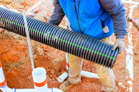 Laborer handles black drainage pipe while working on construction area.の写真素材