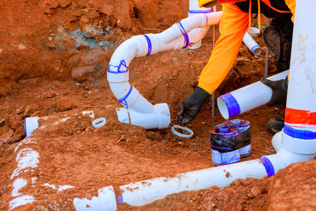 Construction crew is laying down plumbing sewage pvc pipes in ground with attention safety measures...