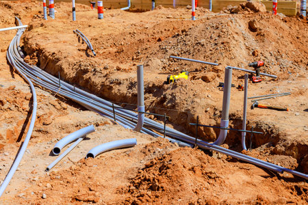 Workers are laying out electrical pipes in trench at construction site, with during foundation work