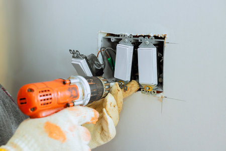 Contractor uses drill to install electrical socket in residential wall as part of home renovation.の写真素材