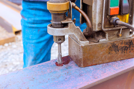 Worker operates drilling machine to create hole in steel beam for construction purposes.