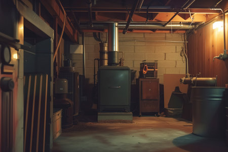An old house basement has a boiler system with pipes for heating AI Generativeの素材