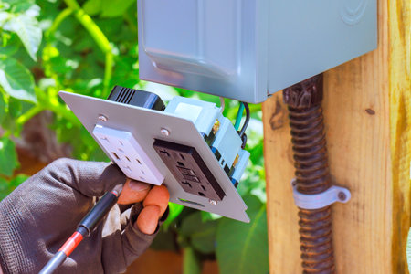 Electrician worker connects an outdoor outlet, USB ports to provide electrical access in garden...