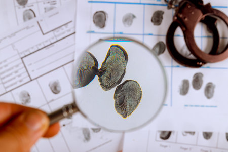 Police examines fingerprints through magnifying glass next to police handcuffs various investigation papers.の写真素材
