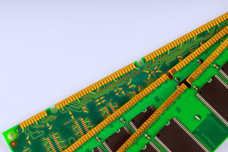 Green circuit board RAM modules memory chips intricate wiring, ideal for electronic designの写真素材
